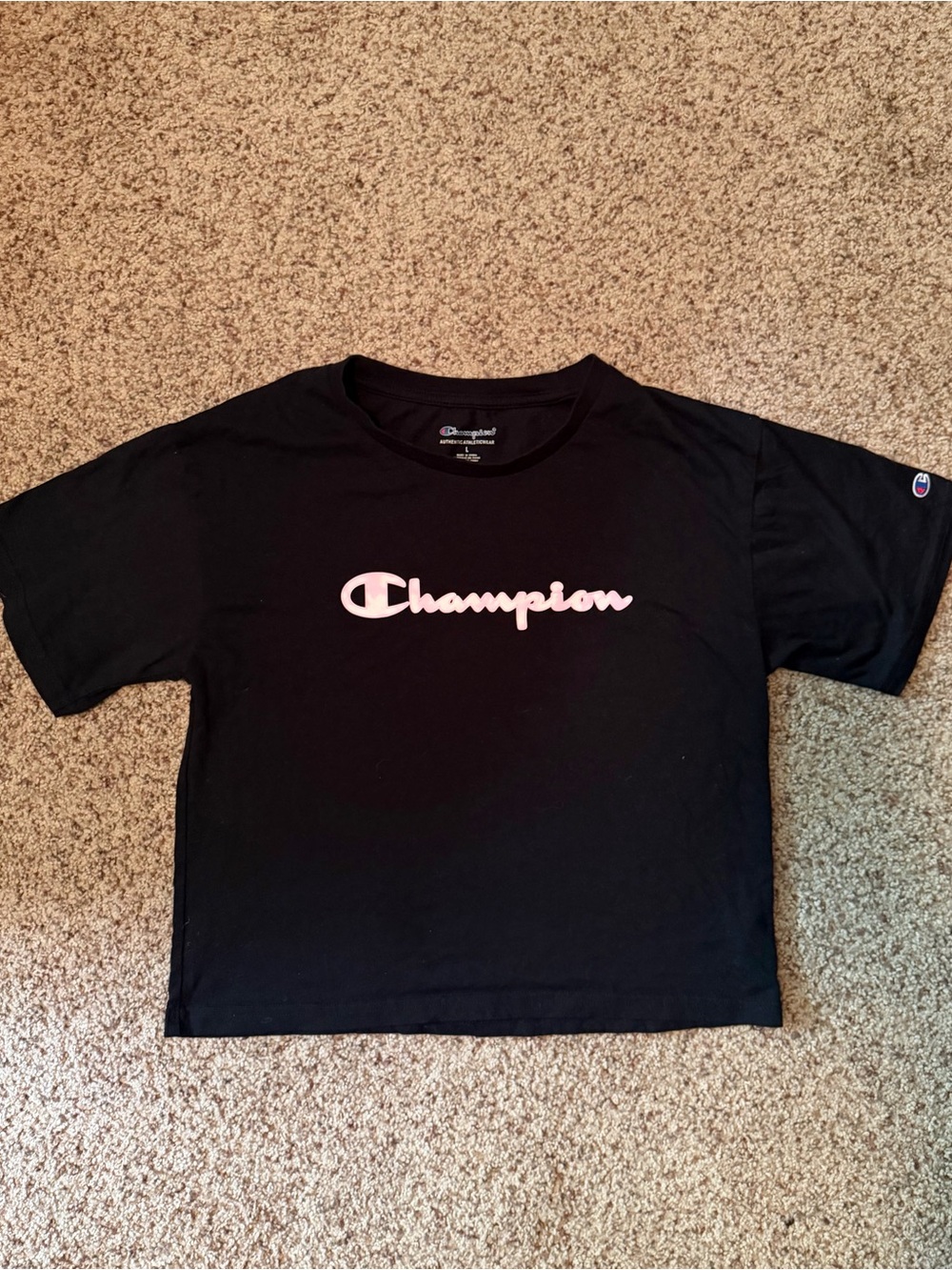 Champion Black Short-Sleeve Tee with Pink Logo